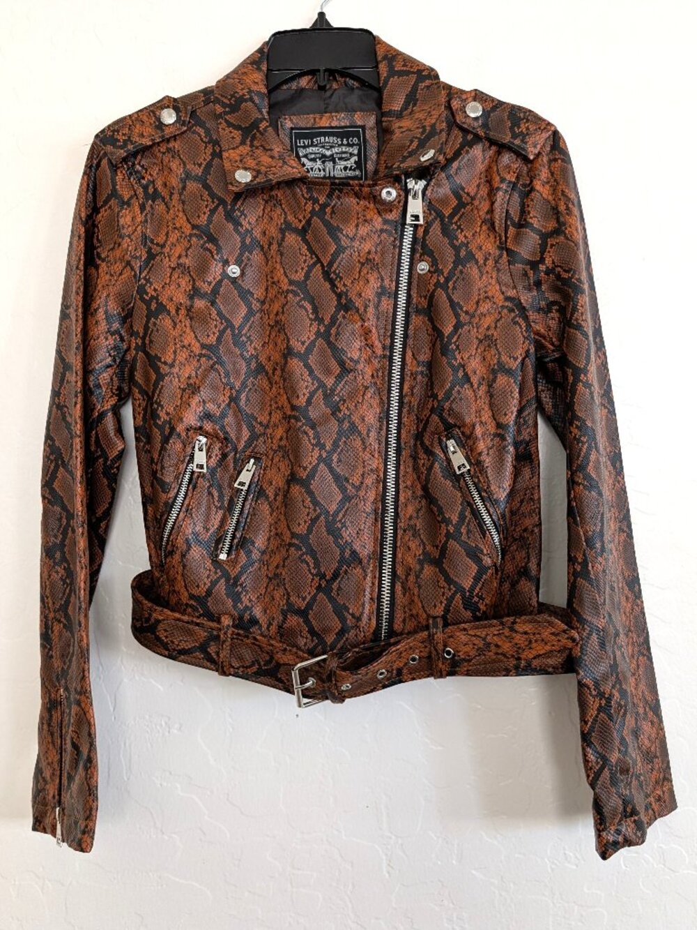 LEVIS Motorcycle Jacket Women's M Brown Faux Leather Snakeskin Zip Belted